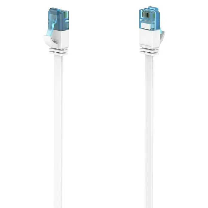 Hama Netzwerk-Kabel - Länge: 5 m, Weiß, RJ45-Stecker, Bis zu 10 Gbit/s - Zwei weiße Ethernet Kabel mit blauem Stecker auf schwarzem Hintergrund. Für schnelle und zuverlässige Netzwerkverbindungen.