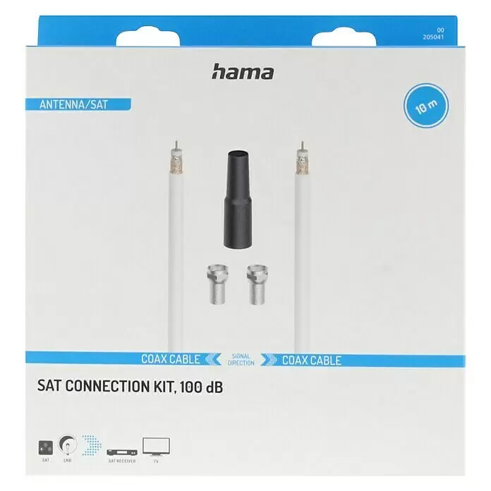 Hama Koaxialkabel Kit - 10 m, Weiß, Schirmungsmaß: 100 dB - SAT-Anschlussset mit 10m weißen Koaxialkabeln, schwarzer Gummitülle und silbernen F-Steckern.
