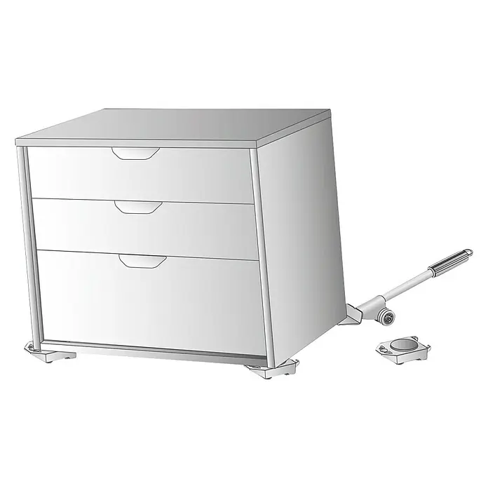 Wagner System Transportroller - Traglast: 150 kg, Stahl - Illustration einer Kommode mit drei Schubladen und Möbelheber. Das ideale Werkzeug zum Heben und Bewegen von Möbeln.