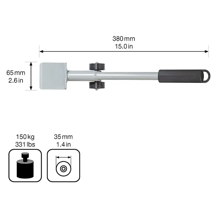 Wagner System Transportroller - Traglast: 150 kg, Stahl - Abbildung eines Werkzeugs, das 380 mm lang ist und ein Gewicht von 150 kg hat. Die Höhe beträgt 65 mm und der Durchmesser 35 mm.
