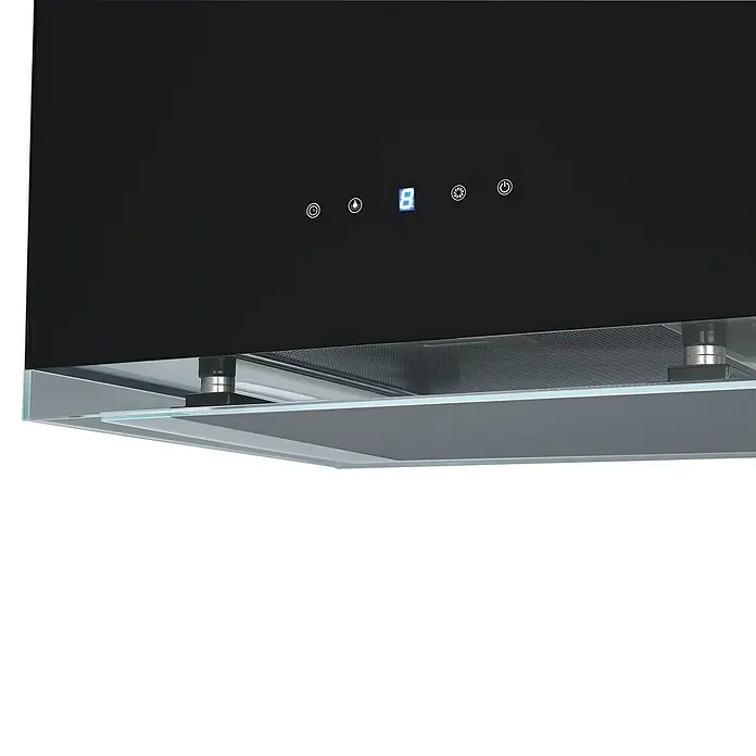 Respekta Inselhaube Centa - Breite: 50 cm, Max. Gebläseleistung Abluftbetrieb: 531,8 m³/h, Schwarz - Nahaufnahme einer schwarzen Dunstabzugshaube mit Glasablage und digitaler Anzeige.