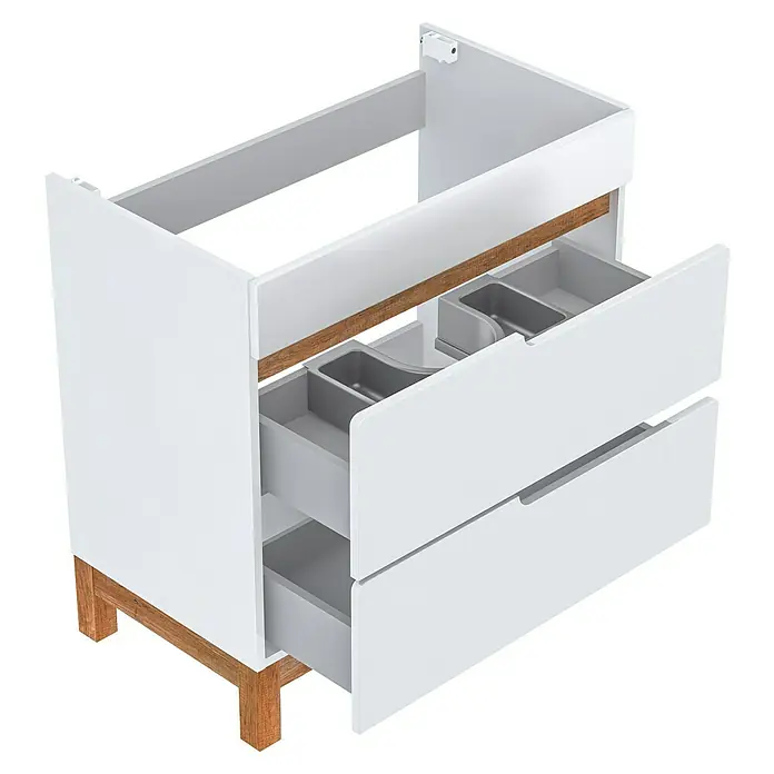 Astor Spek Waschtischunterschrank - 79,7 x 45,7 x 83,3 cm, Weiß/Eiche-Optik, Hochglanz, 2 Schubkästen - Unterschrank mit zwei Schubladen, offen, weiße Fronten und Holzdetails, modernes Design.