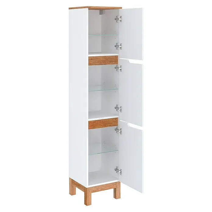 Astor Spek Hochschrank - 35,2 x 35,6 x 170,5 cm, Weiß/Eiche-Optik - Der weiße Hochschrank mit drei Türen und Glaseinlegeböden bietet viel Stauraum für das Badezimmer.
