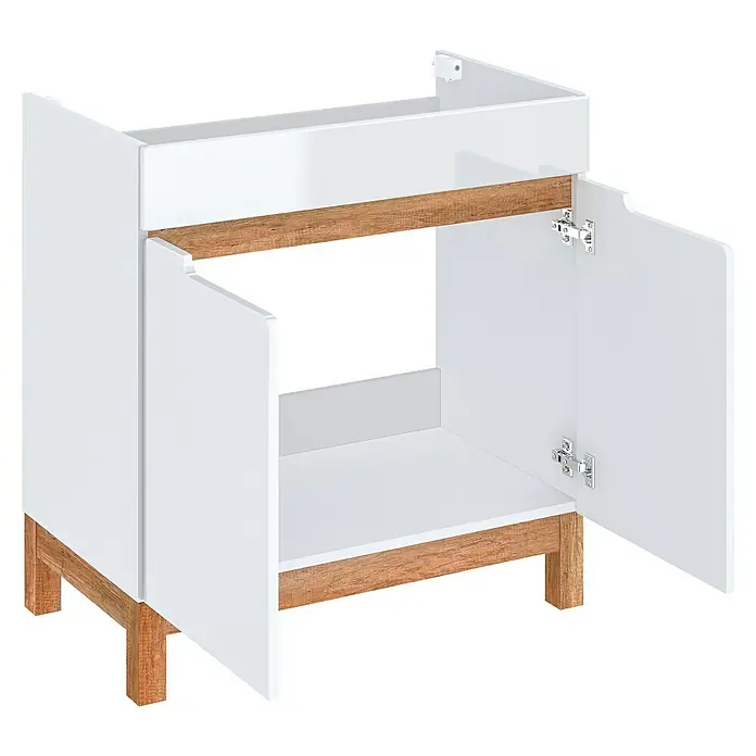Astor Spek Waschtischunterschrank - 79,7 x 45,7 x 83,3 cm, Weiß/Eiche-Optik, Hochglanz, 2 Türen - Weißer Waschtischunterschrank mit Holzakzenten und offenen Türen, der Stauraum und Stil für jedes Badezimmer bietet.