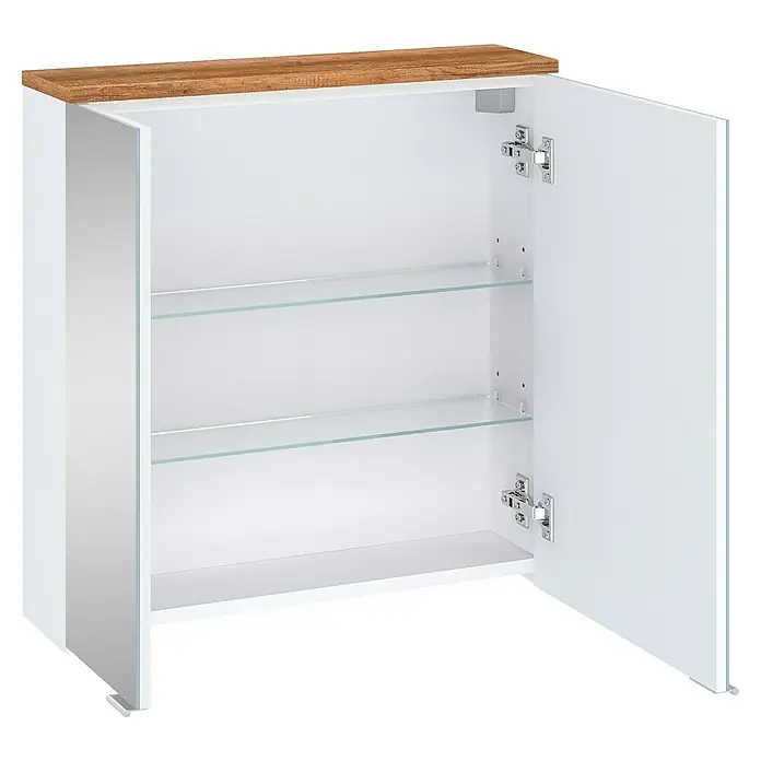 Astor Spek Spiegelschrank - B x H: 60,2 x 61,6 cm, Ohne Beleuchtung, Holz, Weiß/Holzoptik - Weißer Spiegelschrank mit Holzakzent und geöffneter Tür, der Einblick auf Glasablagen bietet. Optimal für Badezimmerutensilien.