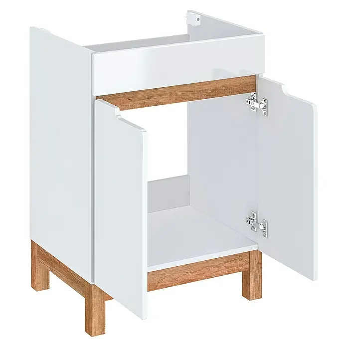 Astor Spek Waschtischunterschrank - 59,7 x 45,7 x 83,3 cm, Weiß/Eiche-Optik, Hochglanz, 2 Türen - Bild eines weißen Waschbeckenunterschranks mit Holzfuß und geöffneter Tür, der Stauraum und Stil für jedes Badezimmer bietet.