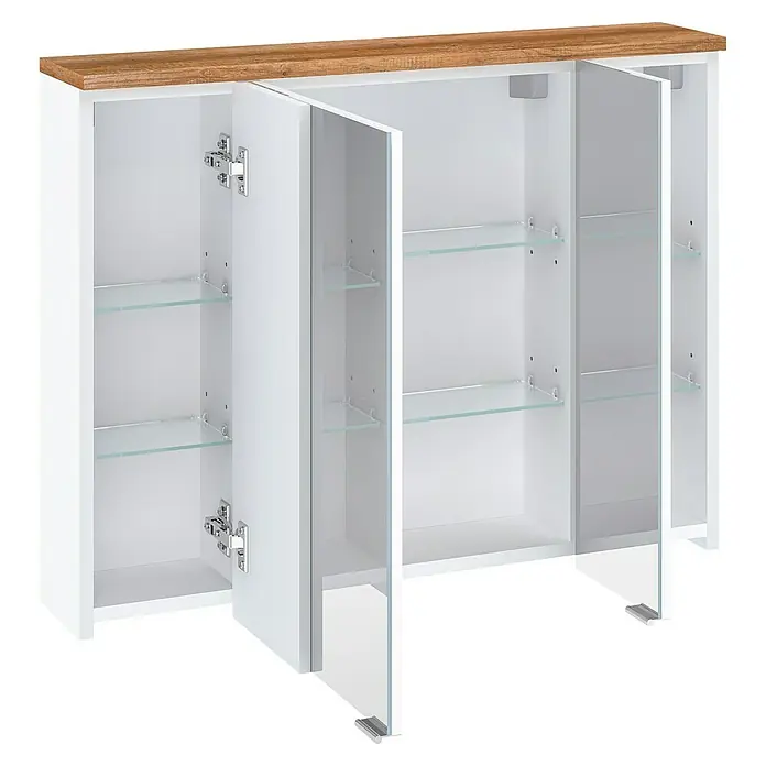 Astor Spek Spiegelschrank - B x H: 80 x 61,1 cm, Ohne Beleuchtung, Holz, Weiß/Holzoptik - Offener Badezimmerschrank mit Holzarbeitsplatte und Glasböden für die Aufbewahrung von Badutensilien.