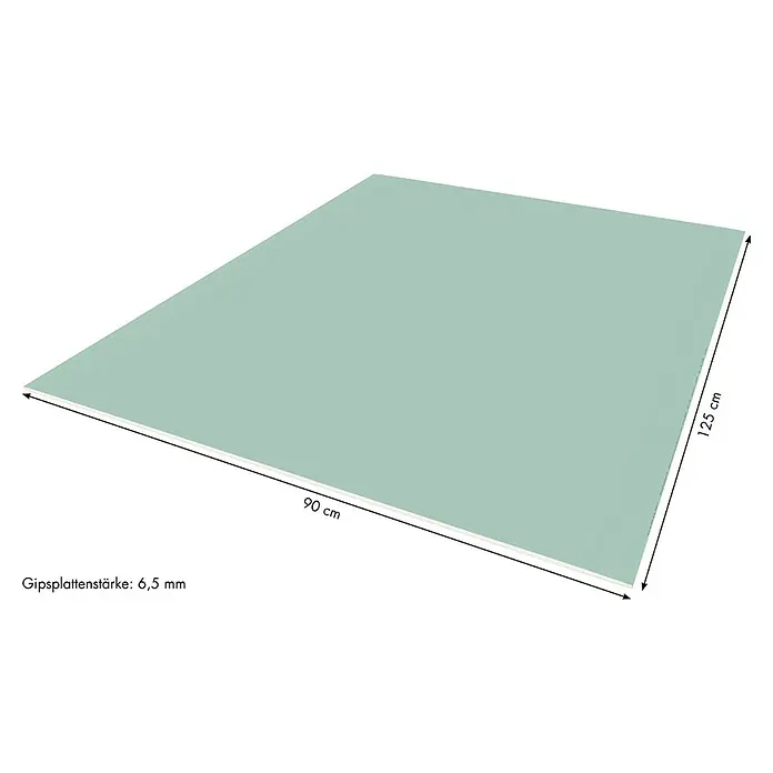 Knauf Gipskartonplatte GKBI - 1.250 x 900 x 6,5 mm, Imprägniert - Das Bild zeigt eine hellgrüne Gipskartonplatte mit den Maßen 90 cm x 125 cm und einer Stärke von 6,5 mm.