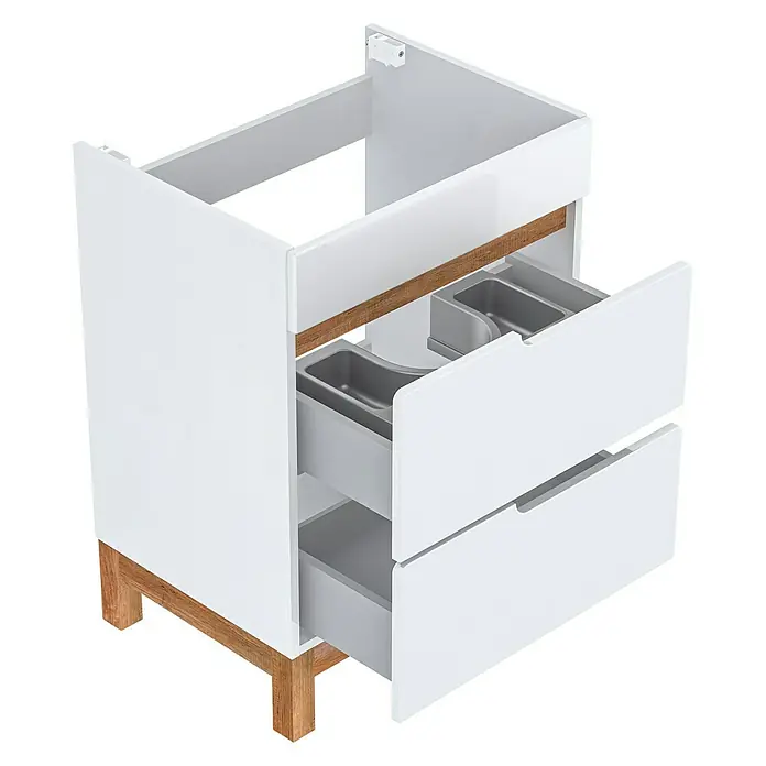 Astor Spek Waschtischunterschrank - 59,7 x 45,7 x 83,3 cm, Weiß/Eiche-Optik, Hochglanz, 2 Schubkästen - Ein moderner weißer Waschtischunterschrank mit zwei Schubladen und Holzfüßen. Der Unterschrank bietet praktischen Stauraum im Badezimmer.
