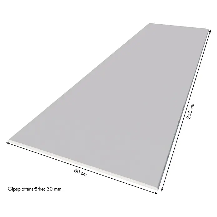 Knauf Verbundplatte EPS - 2.600 x 600 x 30 mm - Das Bild zeigt eine Gipskartonplatte mit den Maßen 60 x 260 cm und einer Stärke von 30 mm, ideal für den Innenausbau und Trockenbau.