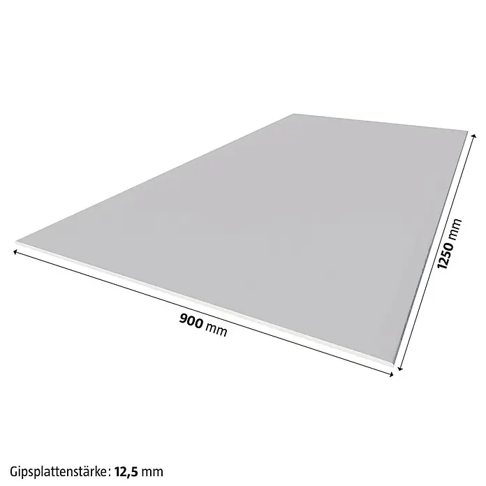 Knauf Gipskartonplatte GKB - 2.500 x 1.250 x 12,5 mm - Produktbild einer Gipskartonplatte mit den Maßen 900 x 1250 mm und einer Stärke von 12,5 mm.