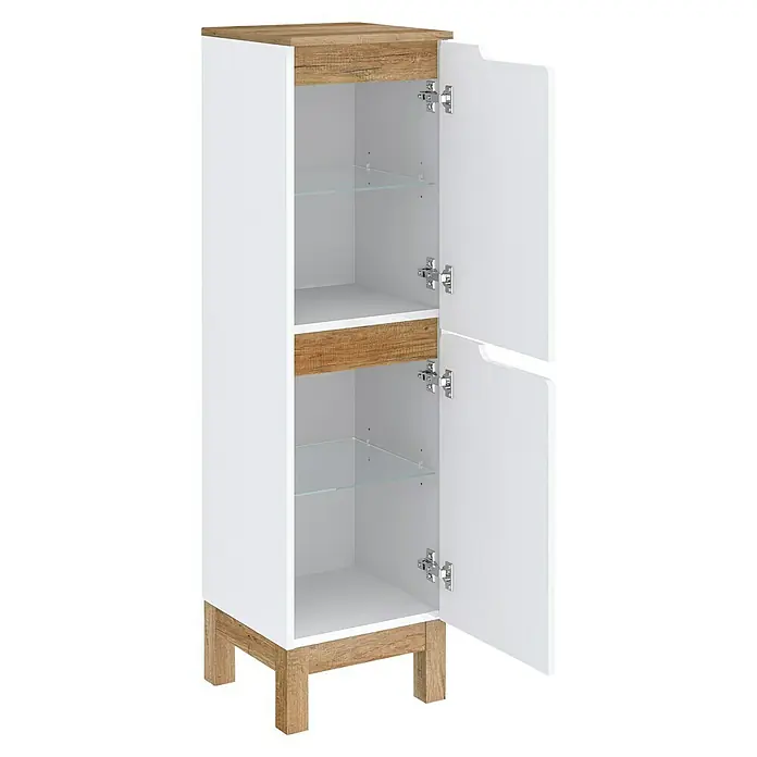 Astor Spek Midischrank - 35,2 x 35,6 x 126,8 cm, Weiß/Eiche-Optik - Ein offener Badezimmerschrank mit weißen und holzfarbenen Elementen und Glasböden. Bietet viel Stauraum und modernes Design für Ihr Bad.