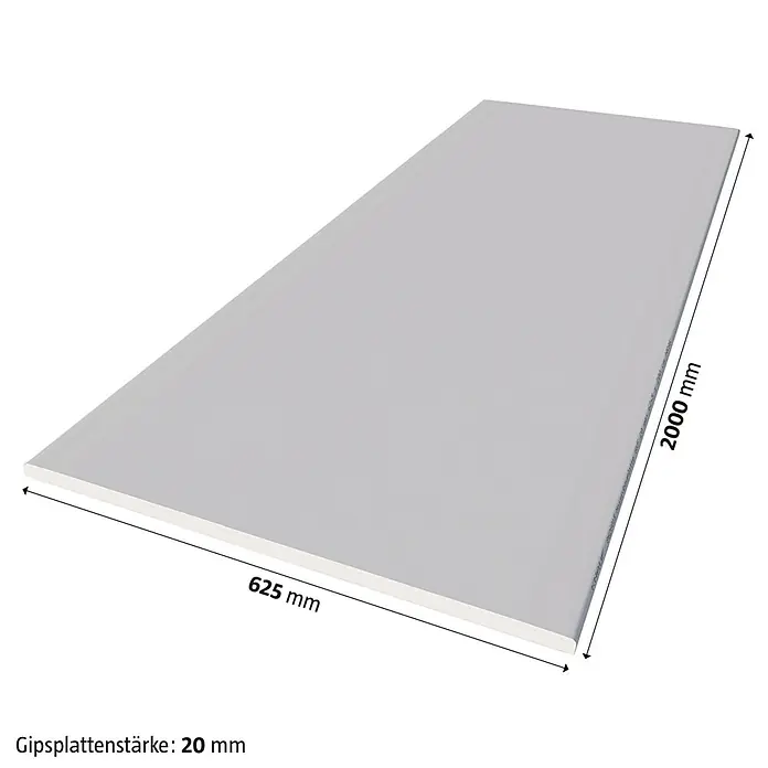 Knauf Gipskartonplatte Massiv GKF - 2.000 x 625 x 20 mm - Abbildung einer Gipskartonplatte mit den Maßen 625 mm x 2000 mm und einer Stärke von 20 mm.