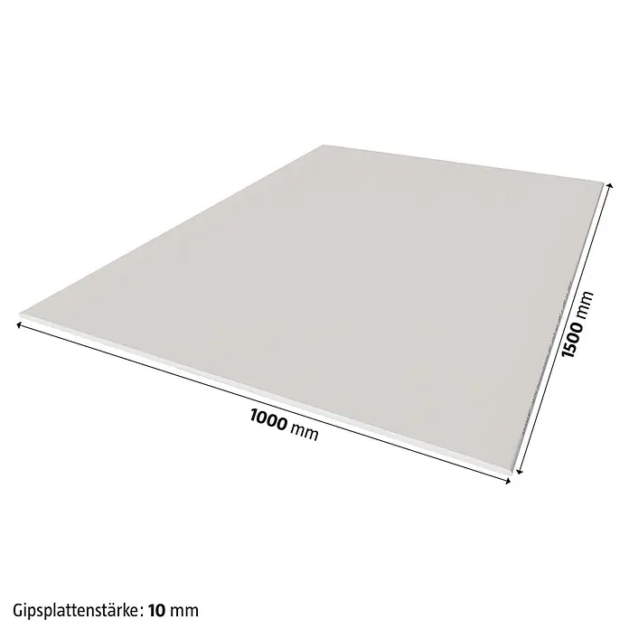Knauf Gipskartonplatte Miniform GKB - 1.500 x 1.000 x 10 mm - Abbildung einer Gipskartonplatte mit den Maßen 1000 mm x 1500 mm. Die Gipskartonplatte hat eine Stärke von 10 mm.