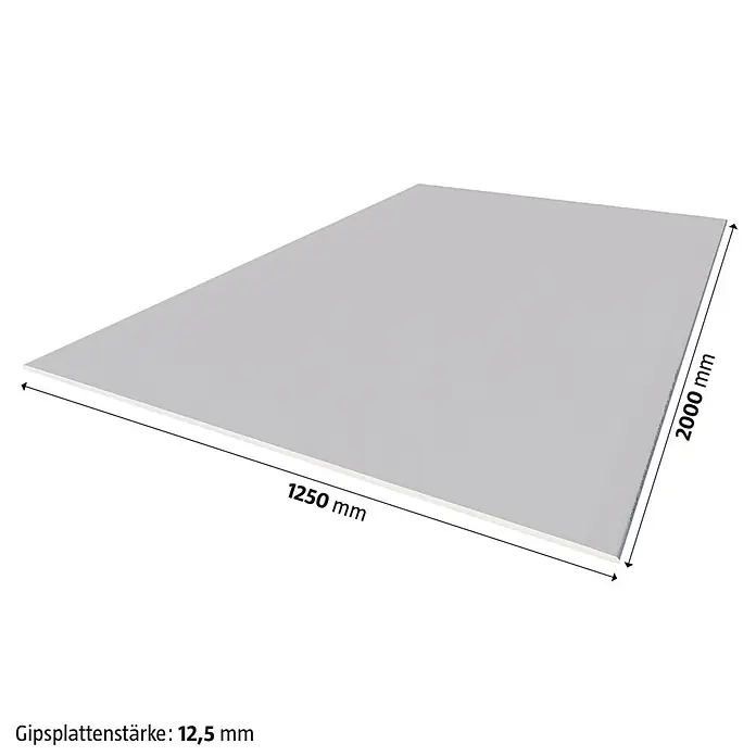 Knauf Gipskartonplatte GKB - 2.000 x 1.250 x 12,5 mm - Abbildung einer Gipskartonplatte mit den Maßen 1250 mm x 2000 mm und einer Stärke von 12,5 mm.