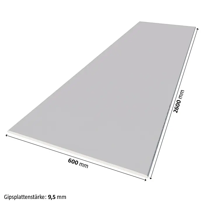 Knauf Gipskartonplatte GKB - 2.600 x 600 x 9,5 mm - Produktdarstellung: Eine 9,5 mm dicke Gipskartonplatte mit den Maßen 600 mm x 2600 mm.
