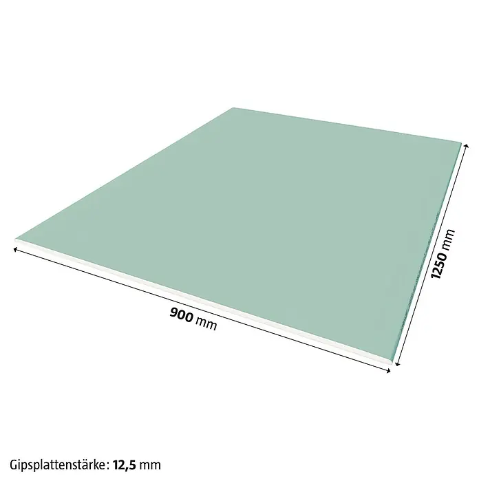 Knauf Gipskartonplatte Top 2000 GKFI - 1.250 x 900 x 12,5 mm, Imprägniert - Abbildung einer Gipskartonplatte mit den Maßen 900 mm x 1250 mm und einer Dicke von 12,5 mm.