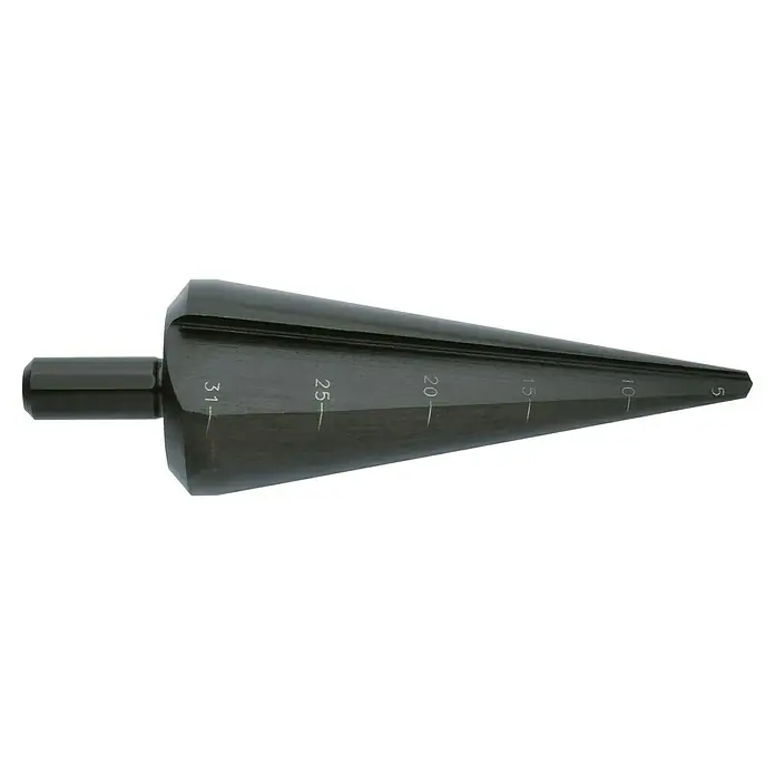 Exact Blechschälbohrer Gr. L - Material: Stahl, Durchmesser Bohrer: 4 mm - 31 mm - Kegelbohrer: Ein scharfer, konischer Kegelbohrer mit Größenmarkierungen zum präzisen Bohren verschiedener Lochgrößen in Materialien.
