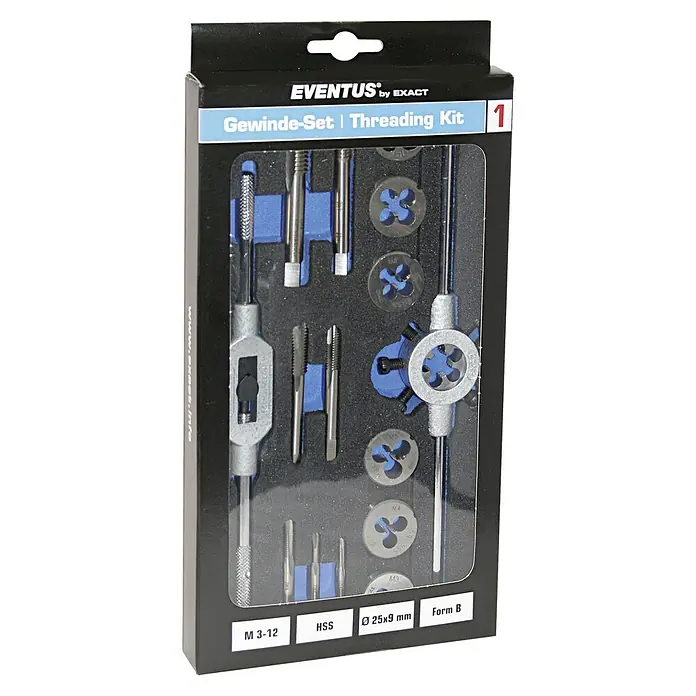 Exact Gewindeschneidsatz - M3 - M12, 16 -tlg. - Ein Eventus Gewinde-Set von Exact, ideal zum Schneiden von Innengewinden. Das Set enthält verschiedene Gewindebohrer und Schneideisen in einer praktischen Box.