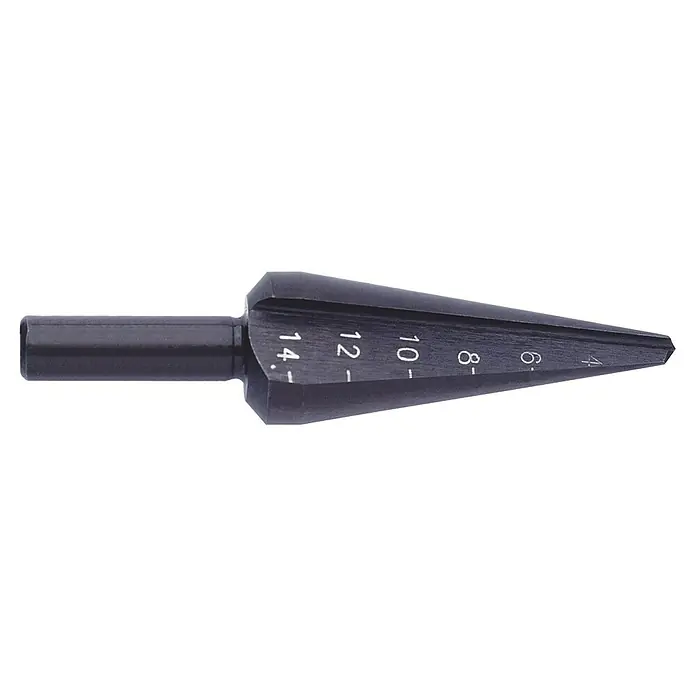 Exact Blechschälbohrer Gr. 1 - Material: Stahl, Durchmesser Bohrer: 3 mm - 14 mm - Detailaufnahme eines Stufenbohrers. Das Werkzeug ist schwarz und hat Größenmarkierungen für präzises Bohren.
