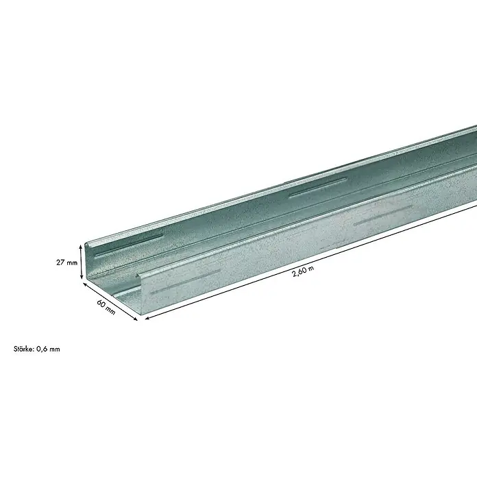 Knauf CD-Deckenprofil - Länge: 2.600 mm, Stahl - Abbildung eines 2,60 m langen UW-Profils, 60 mm breit und 27 mm hoch, mit einer Stärke von 0,6 mm.