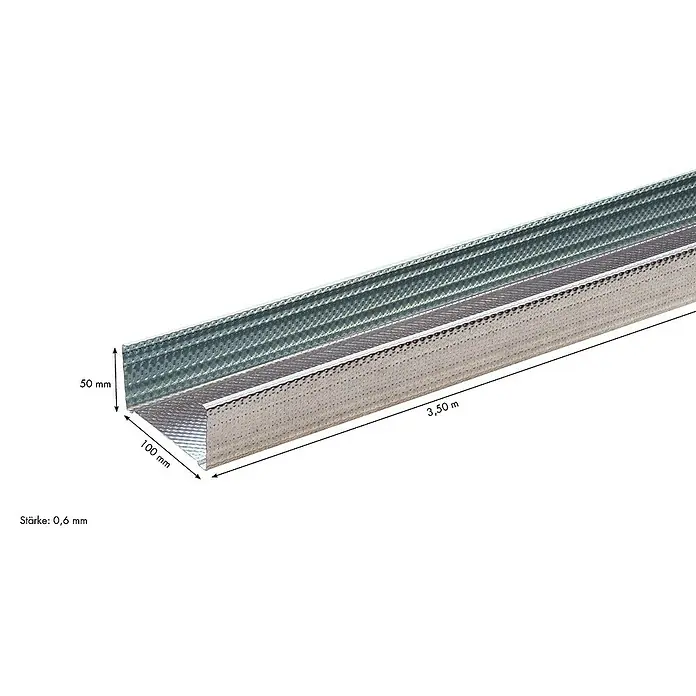 Knauf CW-Standprofil - 3.500 x 100 x 50 mm, Stahl - Detailaufnahme eines 3,50 m langen, verzinkten Trockenbauprofils mit den Maßen 50 mm x 100 mm und einer Stärke von 0,6 mm.