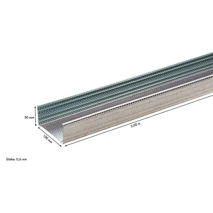 Knauf CW-Standprofil - 3.000 x 100 x 50 mm, Stahl - Detailaufnahme eines U-Profils aus Metall, 100 mm breit, 50 mm hoch und 3,00 m lang, zur Verwendung im Trockenbau.