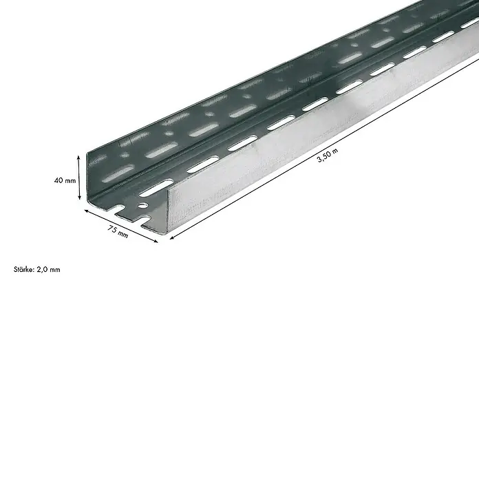 Knauf UA-Aussteifungsprofil - 3.500 x 75 x 40 mm - Abbildung einer verzinkten Metallschiene mit den Maßen 40 mm x 75 mm x 3,50 m und einer Stärke von 2,0 mm.