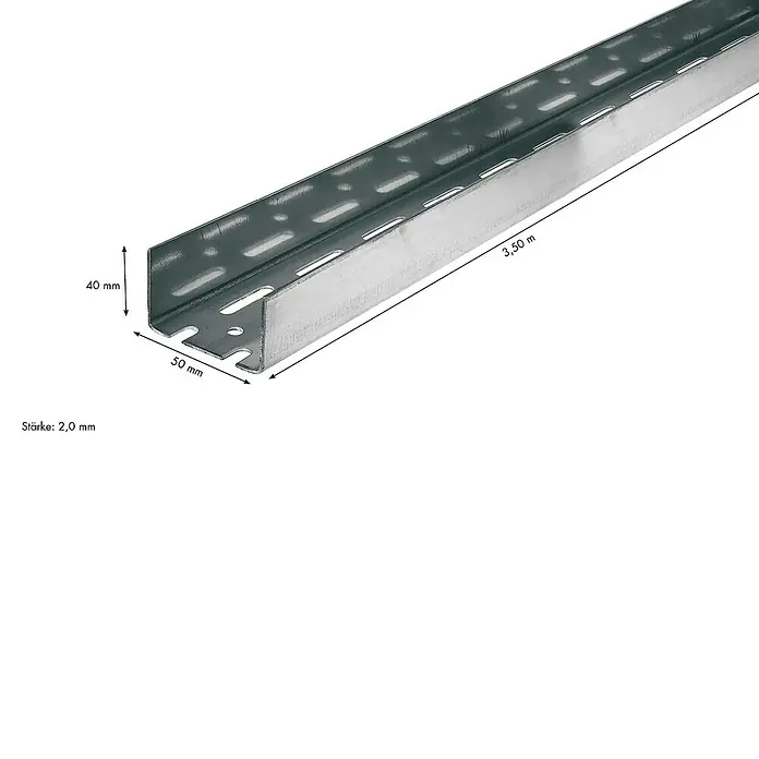 Knauf UA-Aussteifungsprofil - 3.500 x 50 x 40 mm - Produktabbildung eines Kabelkanals mit den Maßen 40mm x 50mm und einer Länge von 3,50m. Die Materialstärke beträgt 2,0mm.