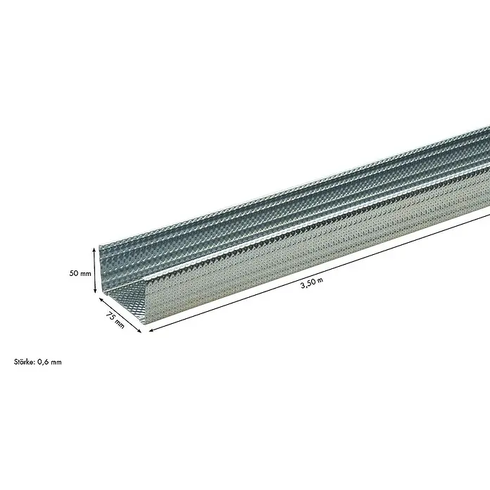 Knauf CW-Standprofil - 3.500 x 50 x 50 mm, Stahl - Bild eines U-Profils aus Metall, mit den Maßen 50 mm x 75 mm und einer Länge von 3,50 m. Die Stärke des Profils beträgt 0,6 mm.