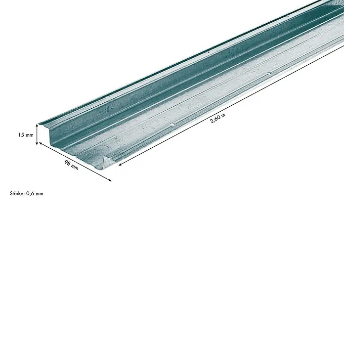 Knauf Hut-Deckenprofil - 2.600 x 98 x 15 mm, Stahl - Abbildung eines Hutprofils aus Metall mit Maßangaben zu Länge, Breite und Höhe, sowie Stärke. Das Profil ist silbern und liegt vor einem weißen Hintergrund.