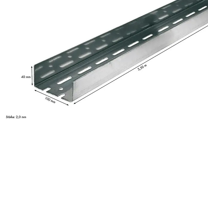 Knauf UA-Aussteifungsprofil - 3.500 x 100 x 40 mm - Bild eines C-Profils aus Metall mit den Maßen 40 mm x 100 mm x 3,50 m. Die Materialstärke beträgt 2,0 mm.