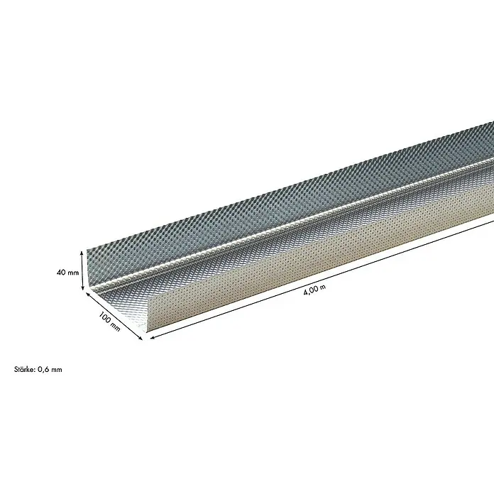 Knauf UW-Rahmenprofil - 4.000 x 100 x 40 mm, Stahl - Abbildung eines 4,00 m langen, silberfarbenen Metall-Trockenbauprofils mit den Maßen 40 mm x 100 mm und einer Stärke von 0,6 mm.
