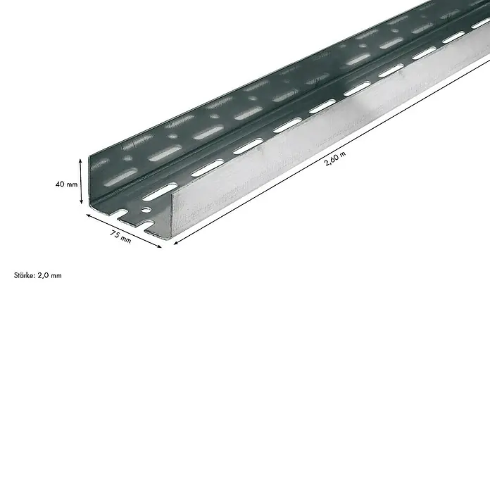 Knauf UA-Aussteifungsprofil - 2.600 x 75 x 40 mm - Produktabbildung einer Kabelrinne mit den Maßen 40 mm Höhe, 75 mm Breite und 2,60 m Länge. Die Materialstärke beträgt 2,0 mm.