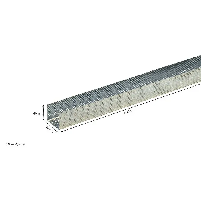 Knauf UW-Rahmenprofil - 4.000 x 50 x 40 mm, Stahl - Bild eines 4 Meter langen, perforierten Trockenbau-Deckenprofils mit den Maßen 40 x 30 mm und einer Stärke von 0,6 mm.