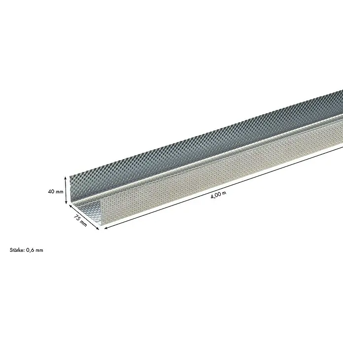 Knauf UW-Rahmenprofil - 4.000 x 75 x 40 mm, Stahl - Profilschiene mit den Maßen 40 mm x 75 mm und einer Länge von 4,00 m. Die Materialstärke beträgt 0,6 mm.