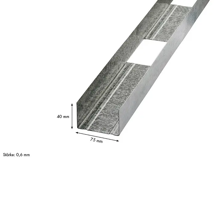 Knauf Türsturzprofil - 1.600 x 75 x 40 mm - Das Bild zeigt ein U-Profil aus Metall mit den Maßen 40 mm Höhe und 75 mm Breite, das für Bau- oder Konstruktionszwecke verwendet wird.