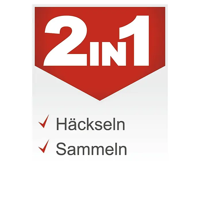 Scheppach Elektro-Häcksler GS55 - Max. Aststärke: 4,5 cm, 2.400 W - Das Bild zeigt das Logo "2in1" in Weiß auf rotem Hintergrund, zusammen mit den deutschen Wörtern "Häckseln" und "Sammeln" mit Häkchen davor.