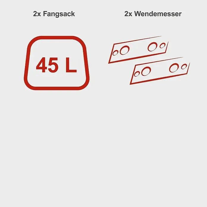 Scheppach Elektro-Häcksler GS55 - Max. Aststärke: 4,5 cm, 2.400 W - Abbildung zeigt 2x Fangsack (45L) und 2x Wendemesser. Diese Zubehörteile sind für Gartengeräte oder ähnliche Produkte bestimmt.