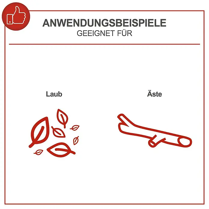 Scheppach Elektro-Häcksler Biostar 3000 - Max. Aststärke: 5 cm, 3.000 W - Laub und Äste sind in diesem Bild dargestellt, welches die Anwendungsmöglichkeiten des Produkts illustriert.