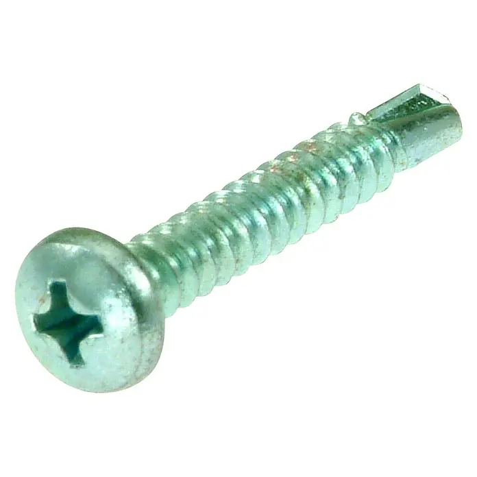 Bohrschraube - Ø x L: 3,5 x 19 mm, 80 Stk., Verzinkt, Kopf-Kreuzschlitz (Phillips), Linsenkopf - Nahaufnahme einer verzinkten Blechschraube mit Kreuzschlitzkopf und Bohrspitze, ideal für Metallarbeiten.
