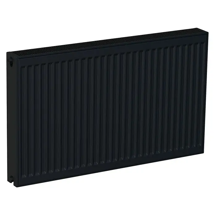 Sanicomfort Kompaktheizkörper - B x H: 1.000 x 600 mm, Wärmeleistung bei Vorlauftemperatur von 75 °C (D: 50): 1.653 W, Typ Heizkörper: 22 - Schwarzer Heizkörper mit vertikalen Rippen für effiziente Wärme.
