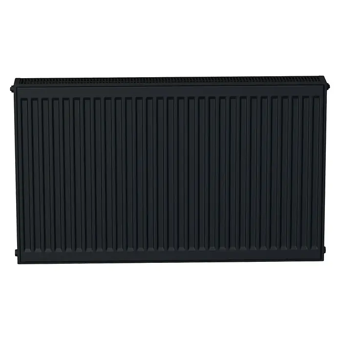 Sanicomfort Kompaktheizkörper - B x H: 1.000 x 600 mm, Wärmeleistung bei Vorlauftemperatur von 75 °C (D: 50): 1.653 W, Typ Heizkörper: 22 - Ein detailreiches Bild eines eleganten, schwarzen Heizkörpers, das Design und Funktion vereint. Ideal für modernes Wohnen.