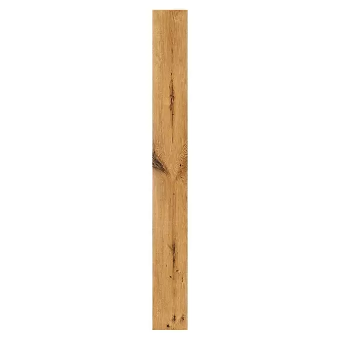 Parkett - Eiche Yankee, Landhausdiele, 1.900 x 190 x 14 mm - Mittelbraunes Holzpaneel mit natürlicher Maserung, deutlichen Ästen und dunklen Streifen.