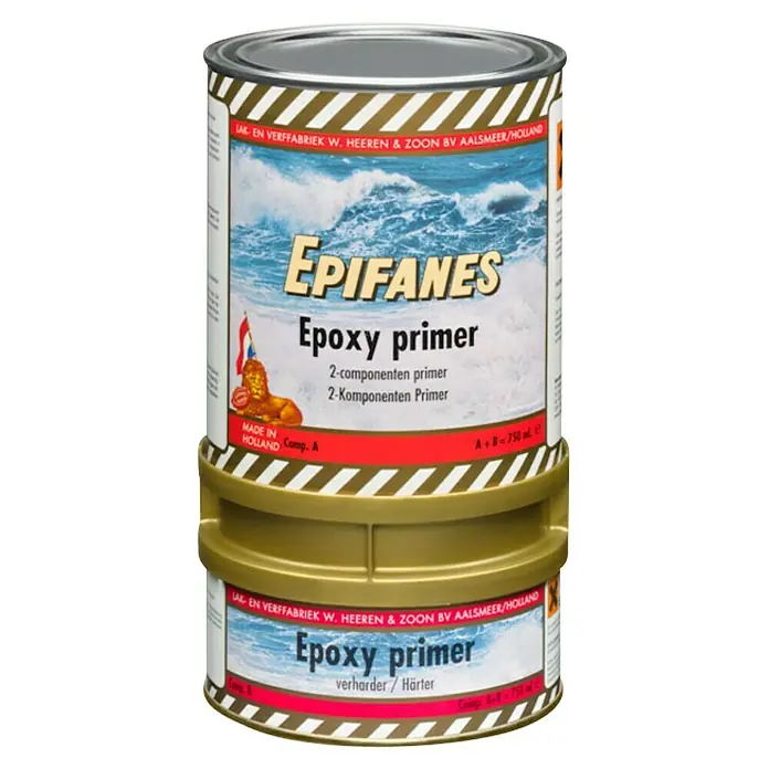 Epifanes Epoxy Primer - 750 ml - Dose Epifanes Epoxy Primer, ein Zweikomponenten-Primer für Boote, mit Wellen-Design und niederländischer Flagge.