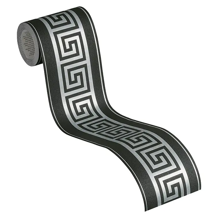 A.S. Création Only Borders 11 Tapetenborte Mäander - Kunststoff, Schwarz/Silber - Schwarze Bordüre mit einem stilvollen silbernen Mäandermuster, perfekt für eine elegante Wandgestaltung.