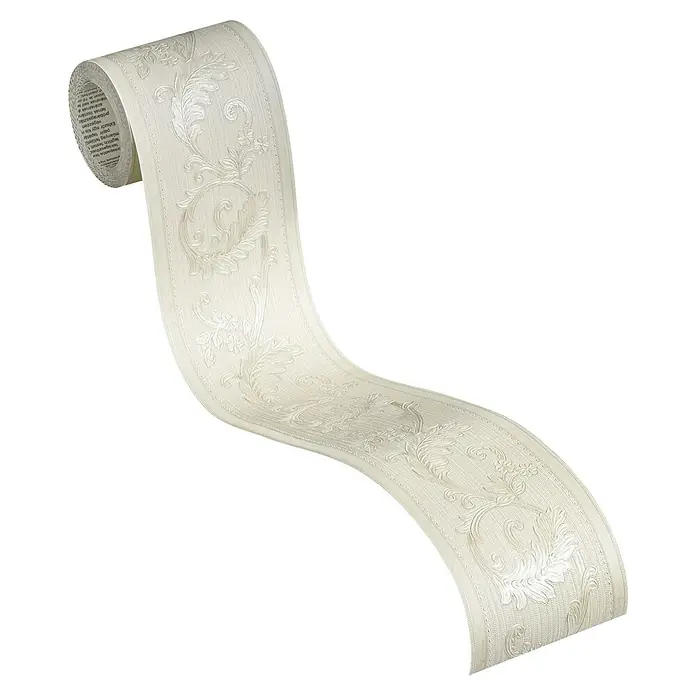 A.S. Création Only Borders 11 Tapetenborte Ornament - Kunststoff, Creme - Nahaufnahme einer Rolle mit beiger Bordüre mit einem eleganten, floralen Muster, perfekt für stilvolle Wanddekoration.