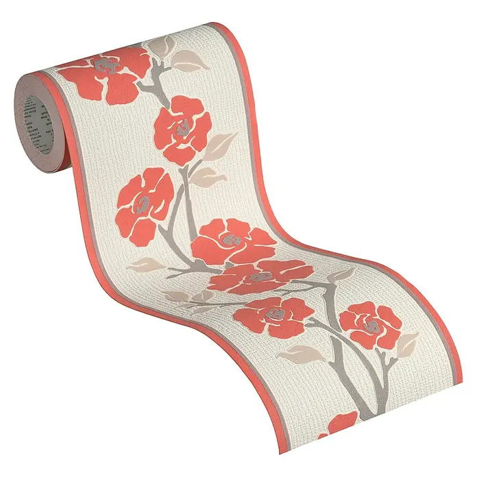 A.S. Création Only Borders 11 Tapetenborte Ranke - Kunststoff, Rot/Weiß/Grau - Nahaufnahme einer Rolle floral gemusterter Bordüre mit rosa Blumen und grauen Blättern.
