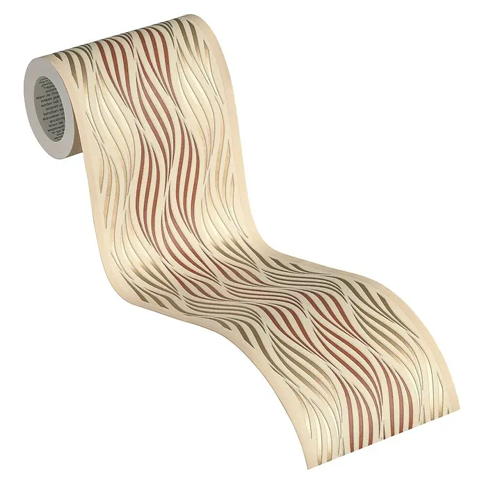A.S. Création Only Borders 11 Tapetenborte Wellen - Kunststoff, Beige/Braun - Eine Rolle gemusterte Tapete in Beige, Rot und Gold mit wellenförmigem Design, perfekt für stilvolle Innenräume.