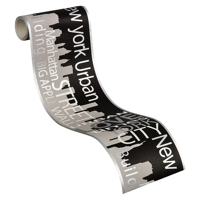 A.S. Création Only Borders 11 Tapetenborte Skyline - Kunststoff, Schwarz/Weiß - Schwarze Bordüre mit New Yorker Skyline und Schriftzug. Die Bordüre ist auf einer Rolle aufgewickelt und wirkt dreidimensional.